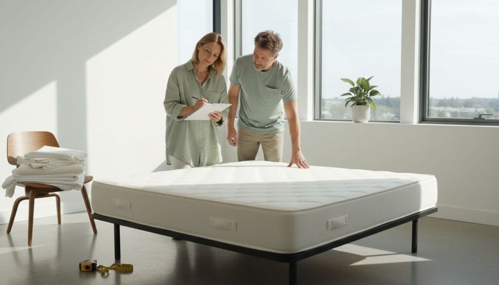 Couple inspecting mattress in bright, organized bedroom