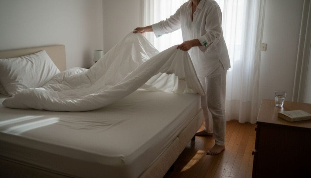 Woman airing out mattress in sunlit bedroom