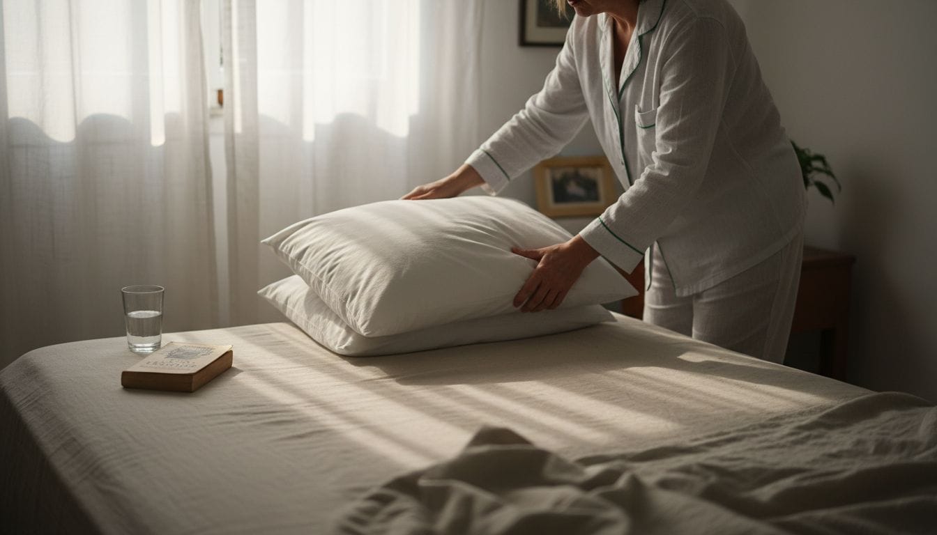 Woman adjusting hypoallergenic pillow on bed