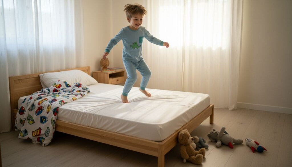 Boy jumping onto clean hypoallergenic bed