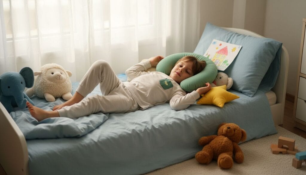 Child testing different pillows in cozy bedroom