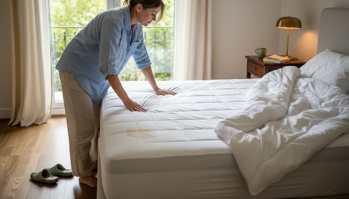 Woman adding protector to master bedroom mattress