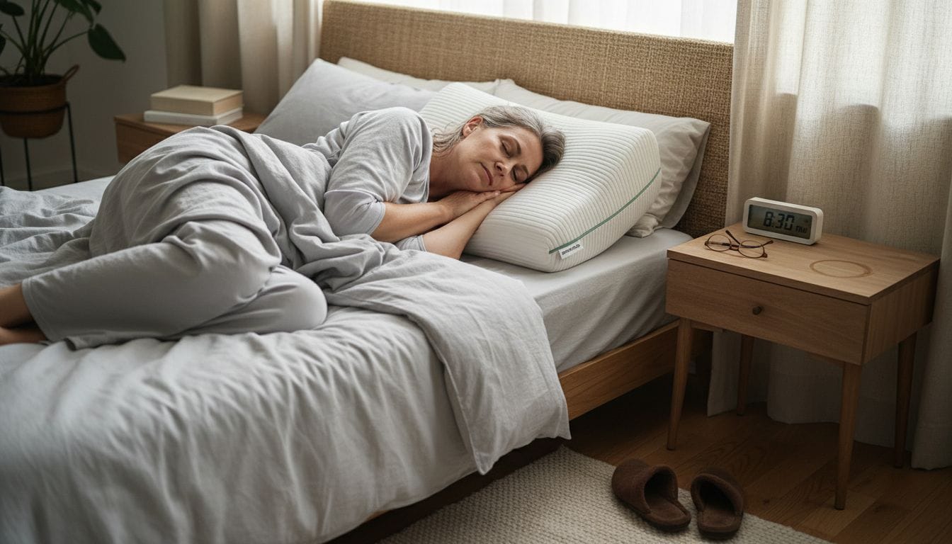 Μια γυναίκα απολαμβάνει τον ύπνο της στο υπνοδωμάτιο, χρησιμοποιώντας ανατομικό μαξιλάρι για καλύτερη στήριξη και άνεση.