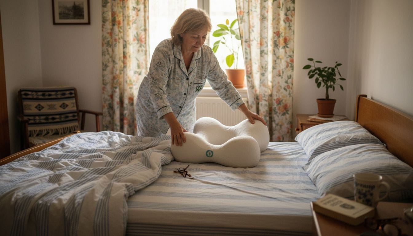 7 πολύτιμα tips για μαξιλάρια ορθοπεδικά για άνεση και υγεία 1 Μια γυναίκα τακτοποιεί το ορθοπεδικό μαξιλάρι στο κρεβάτι της, φροντίζοντας να το βάλει στη σωστή θέση για έναν άνετο ύπνο.