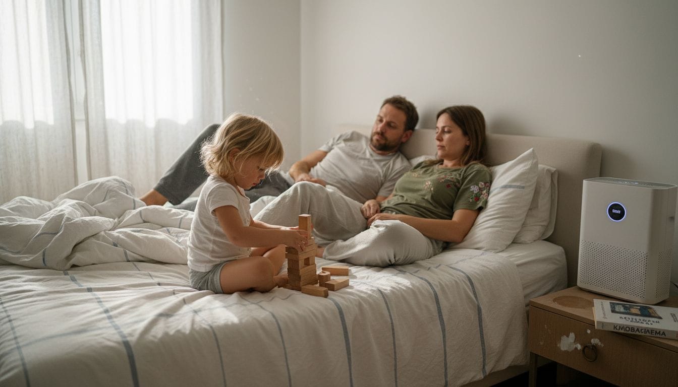Μια οικογένεια απολαμβάνει στιγμές χαλάρωσης πάνω σε ένα υποαλλεργικό στρώμα, απολαμβάνοντας άνεση και υγιεινή στον χώρο τους.