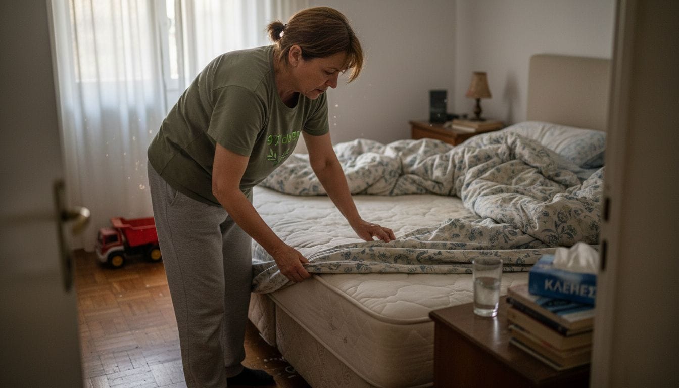 Οδηγός Καθαρισμού Στρωμάτων: Πλήρης Διαδικασία Βήμα-Βήμα 1 Μια γυναίκα ελέγχει το στρώμα της μέσα σε ένα φωτεινό υπνοδωμάτιο με άπλετο φως από τον ήλιο.