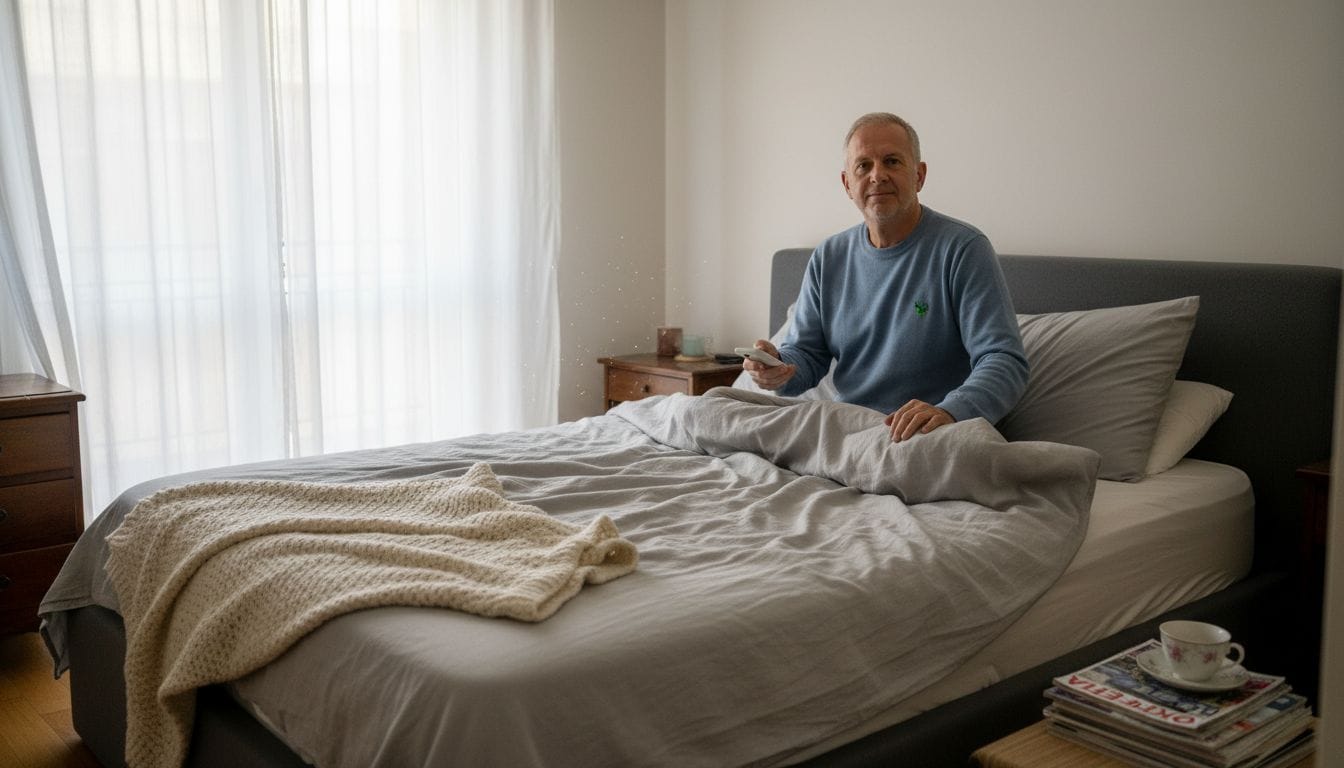 Ένας άνδρας απολαμβάνει τη χαλάρωση στο υπνοδωμάτιό του, ξαπλωμένος σε ένα ανακλινόμενο κρεβάτι.