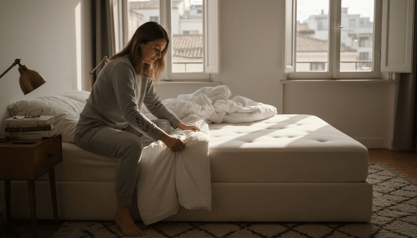 Μια γυναίκα τακτοποιεί το στρώμα από λάτεξ στο φωτεινό υπνοδωμάτιο της.