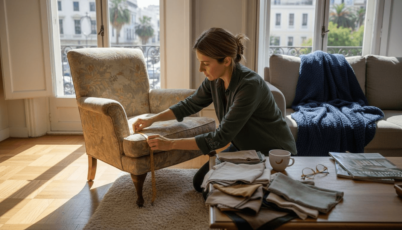 Μια γυναίκα παίρνει μέτρα σε μια καρέκλα για να φτιάξει μαξιλάρι που να ταιριάζει ακριβώς στις διαστάσεις της.