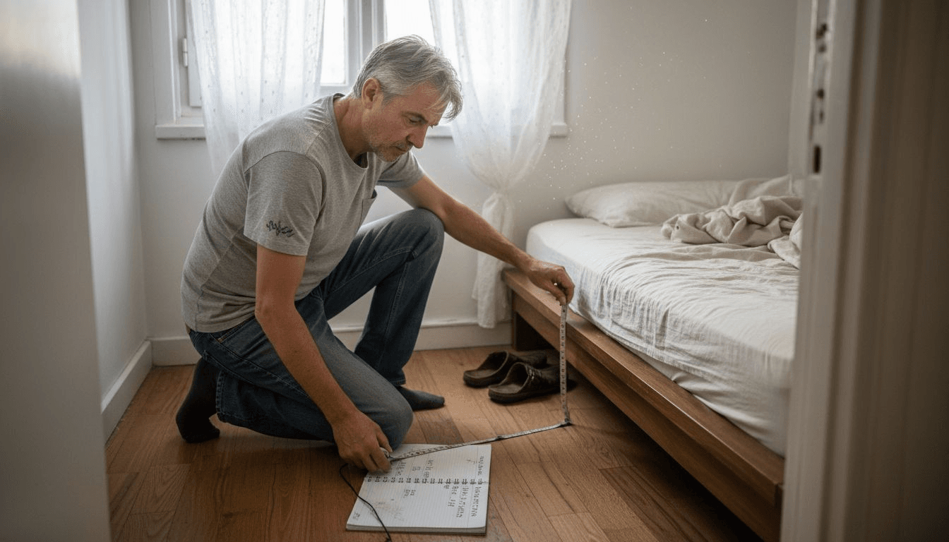 Άνδρας μετράει το υπνοδωμάτιό του για να δει αν χωράει το νέο στρώμα που θέλει να αγοράσει.