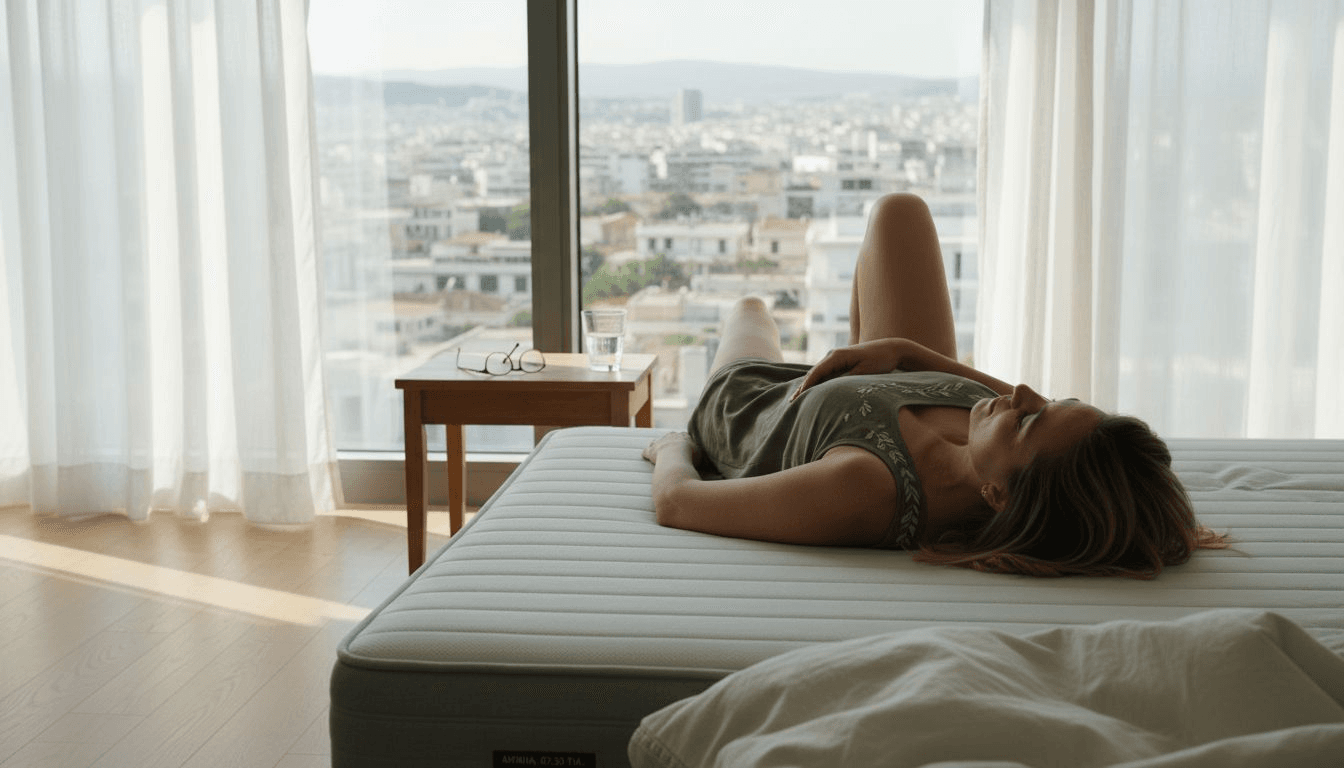 Μια γυναίκα απολαμβάνει στιγμές χαλάρωσης στο υπνοδωμάτιό της, ξαπλωμένη σε ένα ανατομικό στρώμα.