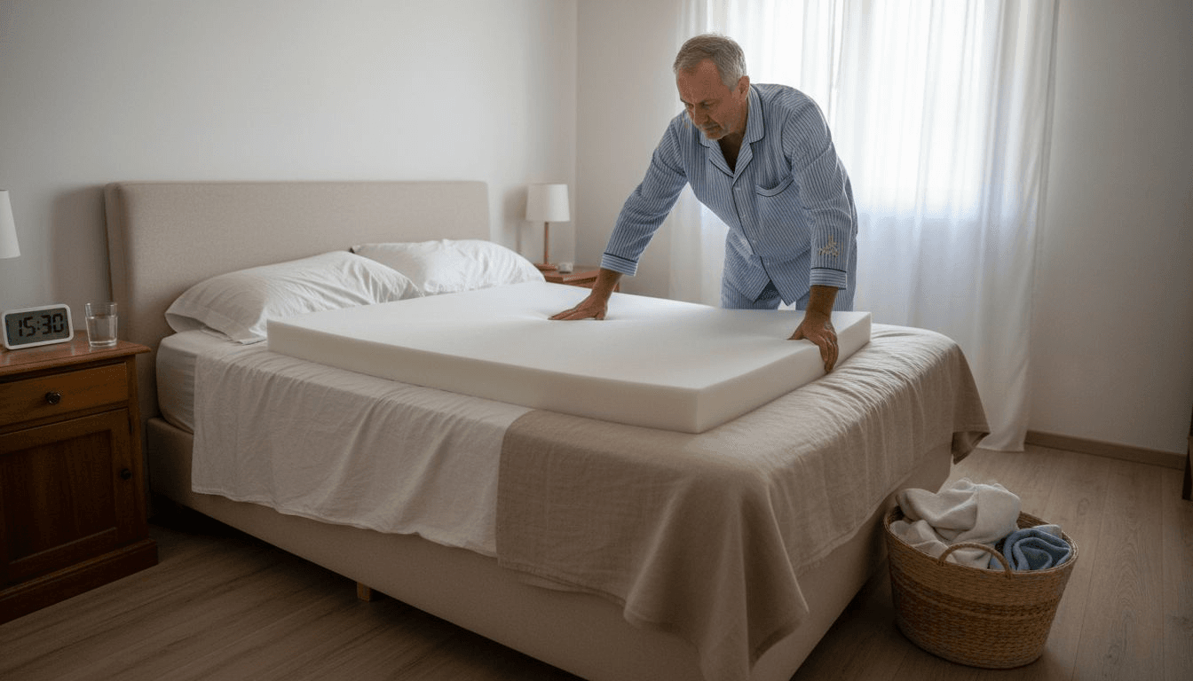 Ένας άντρας στρώνει ένα ανώστρωμα αφρού πάνω στο κρεβάτι του.