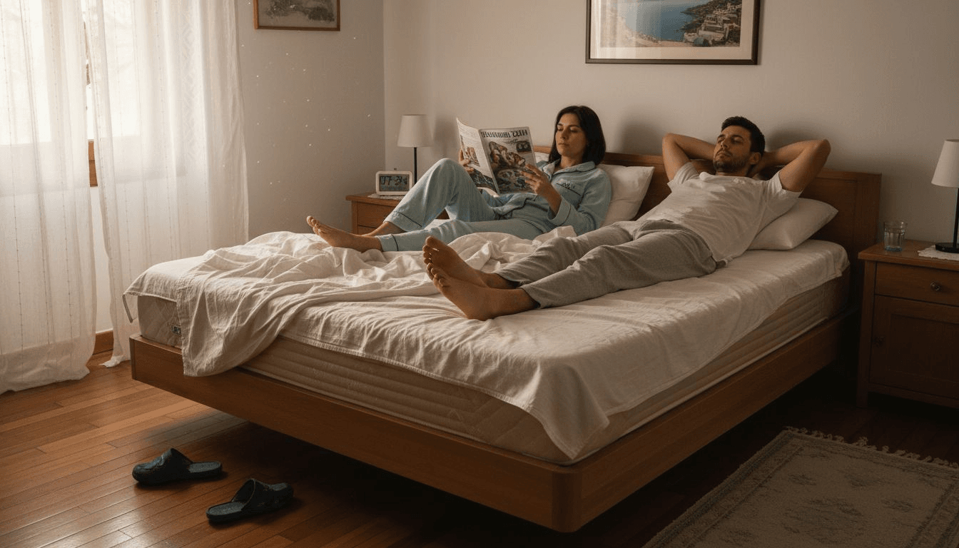 Ένα ζευγάρι απολαμβάνει στιγμές χαλάρωσης πάνω σε ένα ανατομικό στρώμα, στο άνετο υπνοδωμάτιό του.
