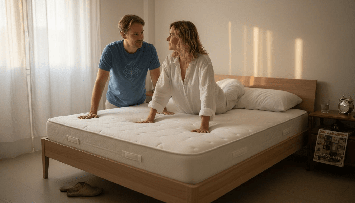 Ζευγάρι δοκιμάζει το στρώμα στο υπνοδωμάτιο για να δει αν τους βολεύει και είναι άνετο.