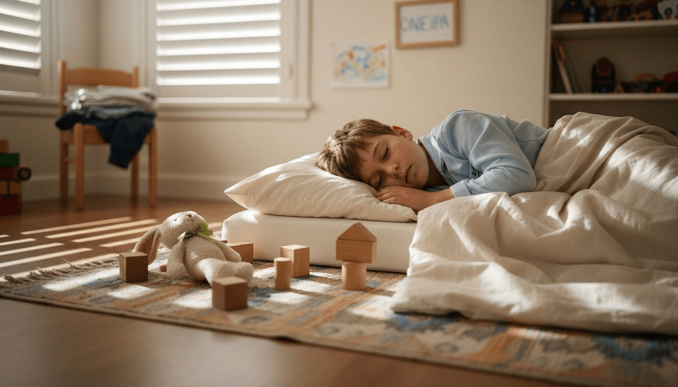 Ένα παιδί κοιμάται γαλήνια πάνω σε ένα μαξιλάρι φτιαγμένο από οικολογικά υλικά.