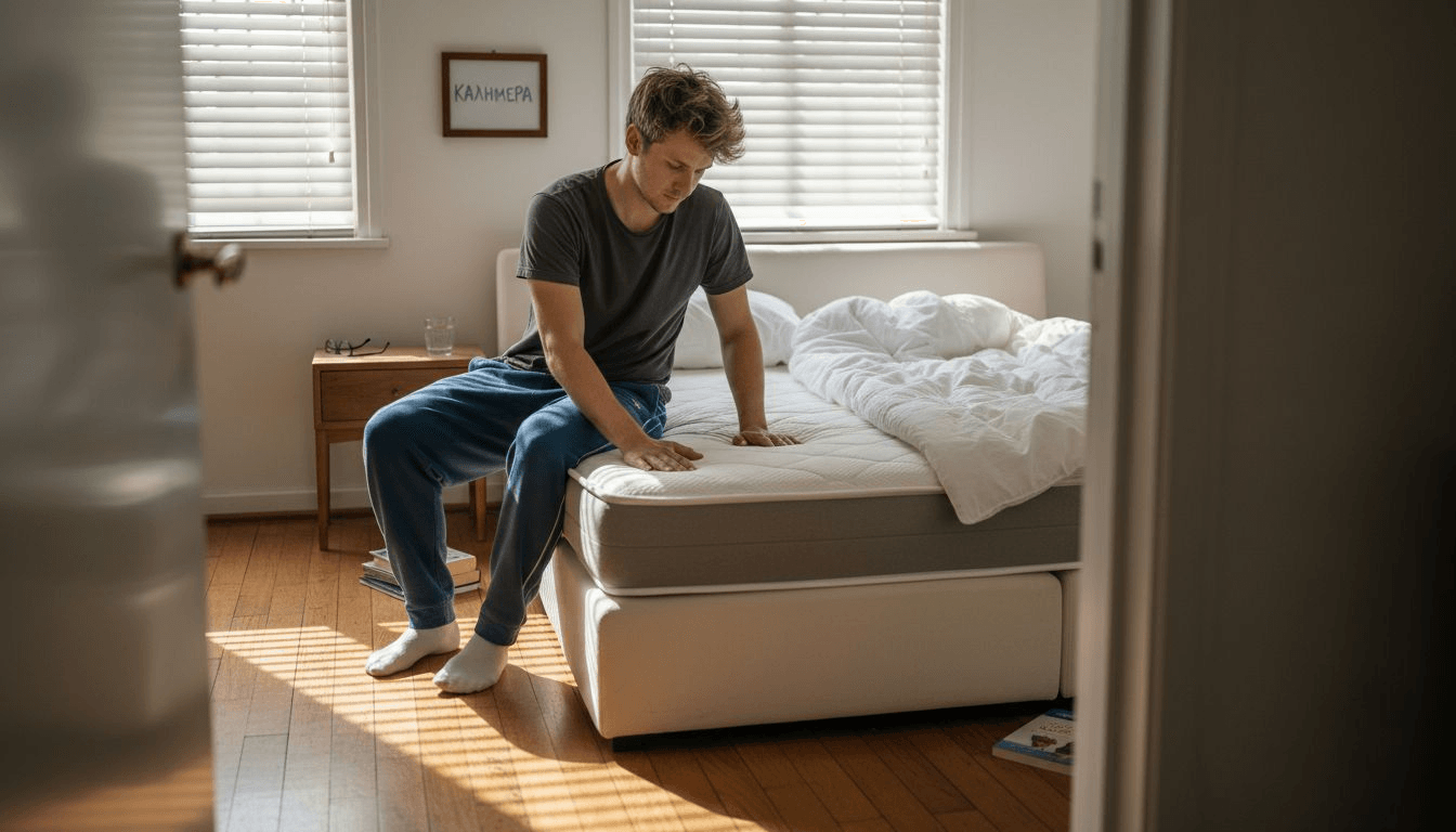 Ένας άνδρας δοκιμάζει ένα ανατομικό στρώμα αφρού για να διαπιστώσει πόσο άνετο και υποστηρικτικό είναι.