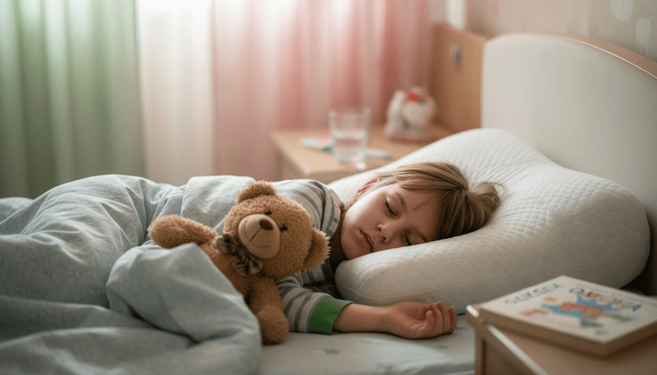 Ένα παιδί κοιμάται ήρεμα στο δωμάτιό του, έχοντας το κεφάλι του πάνω σε ένα ανατομικό μαξιλάρι.