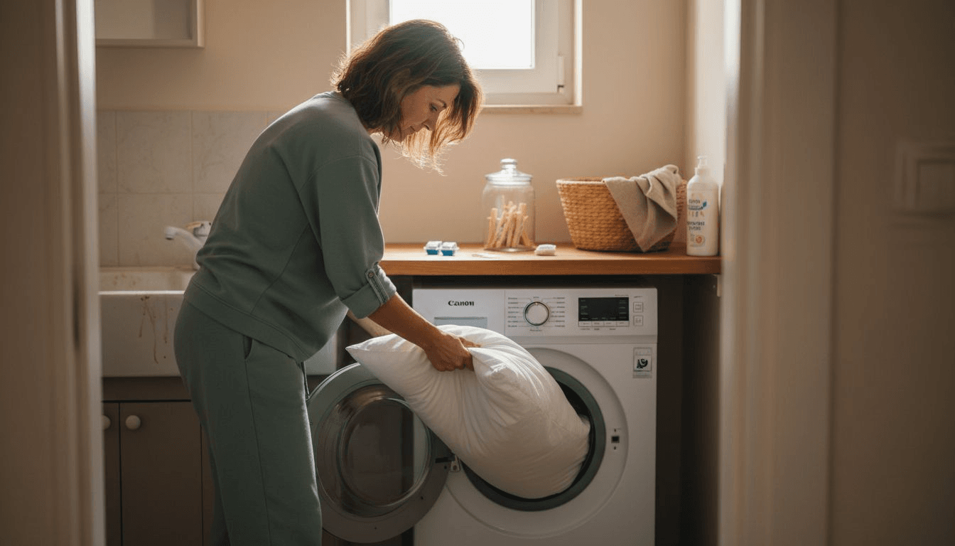 Μια γυναίκα βάζει τα μαξιλάρια στο πλυντήριο για να τα πλύνει.