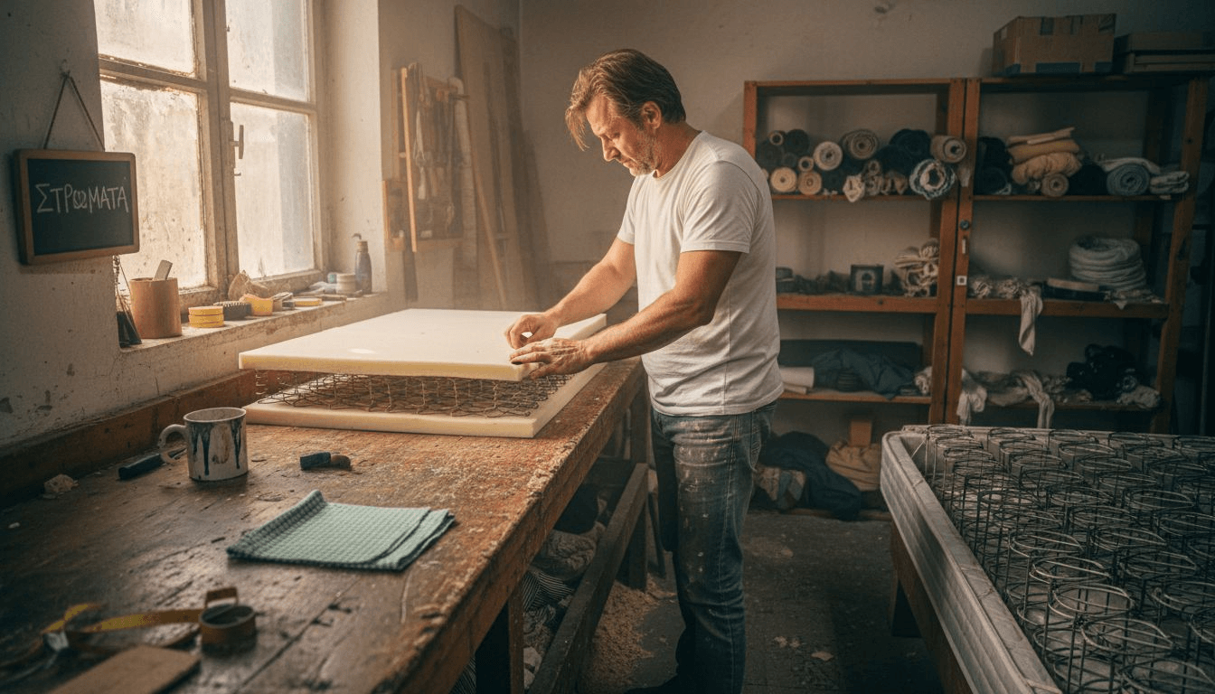 Έμπειρος τεχνίτης δημιουργεί χειροποίητο στρώμα, φροντίζοντας κάθε λεπτομέρεια στο εργαστήριό του.