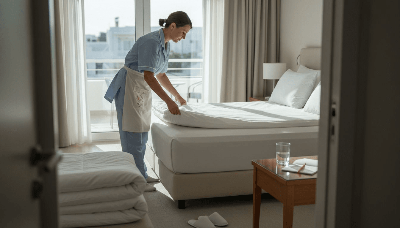 Η καμαριέρα τακτοποιεί το ανώστρωμα στο δωμάτιο του ξενοδοχείου, φροντίζοντας να είναι όλα στην εντέλεια για τους επισκέπτες.