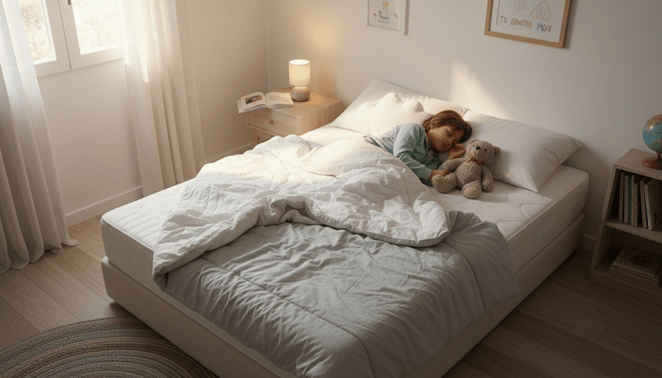 Ένα παιδί κοιμάται ήρεμα και ξέγνοιαστα πάνω στο καινούργιο του στρώμα.