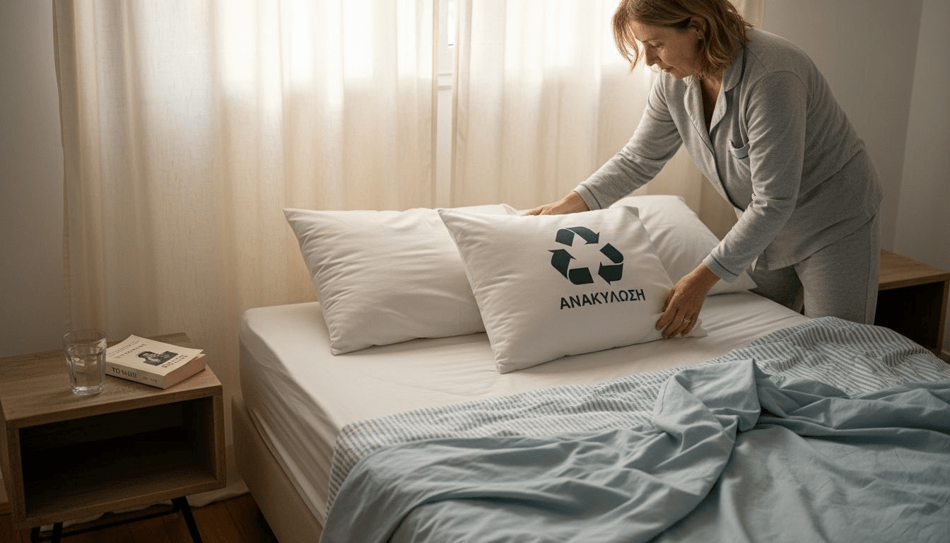 Μια γυναίκα τακτοποιεί ένα οικολογικό μαξιλάρι στο υπνοδωμάτιό της.