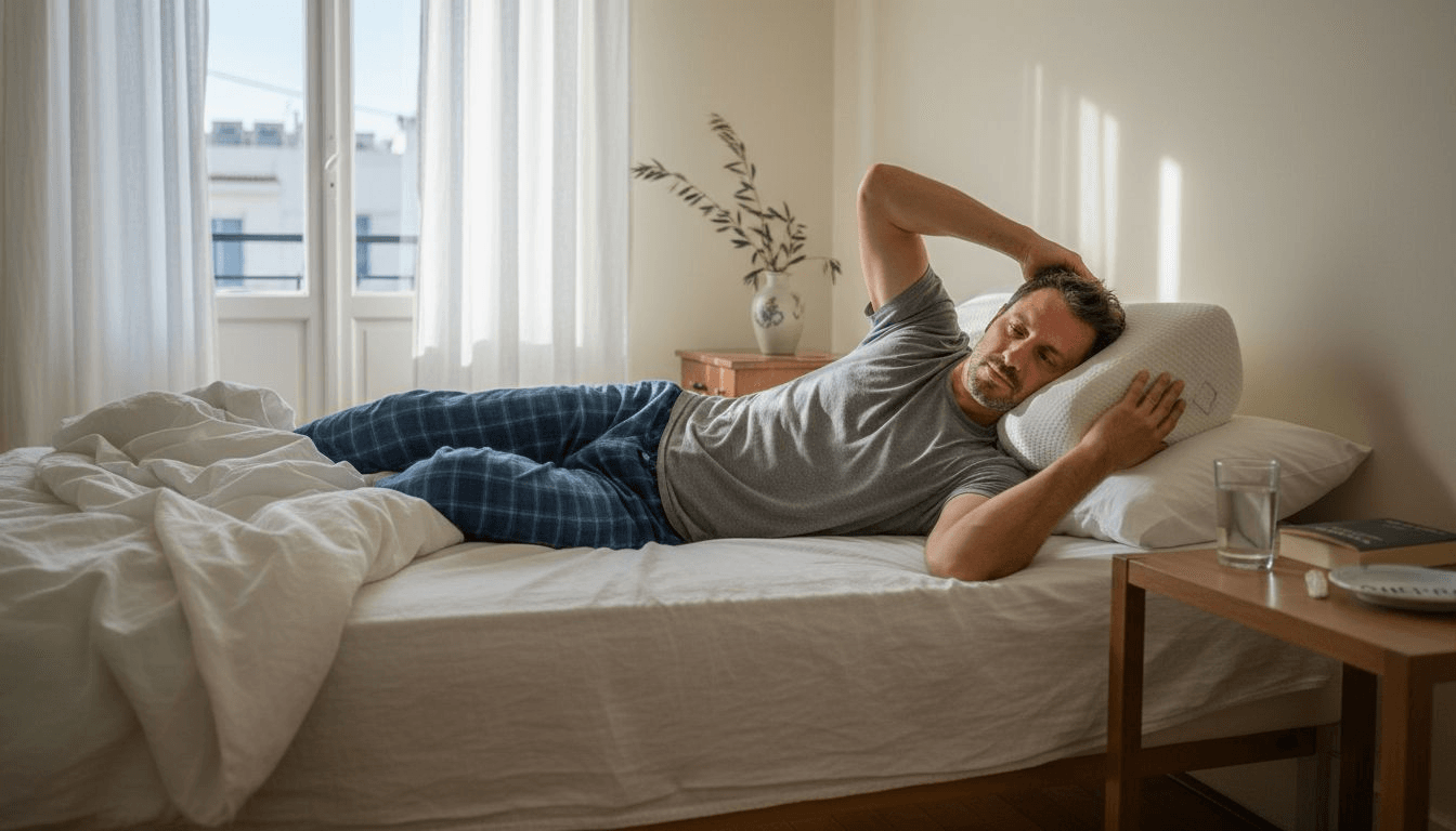 Ένας άνδρας δοκιμάζει ένα εργονομικό μαξιλάρι στο υπνοδωμάτιό του, αναζητώντας περισσότερη άνεση στον ύπνο του.
