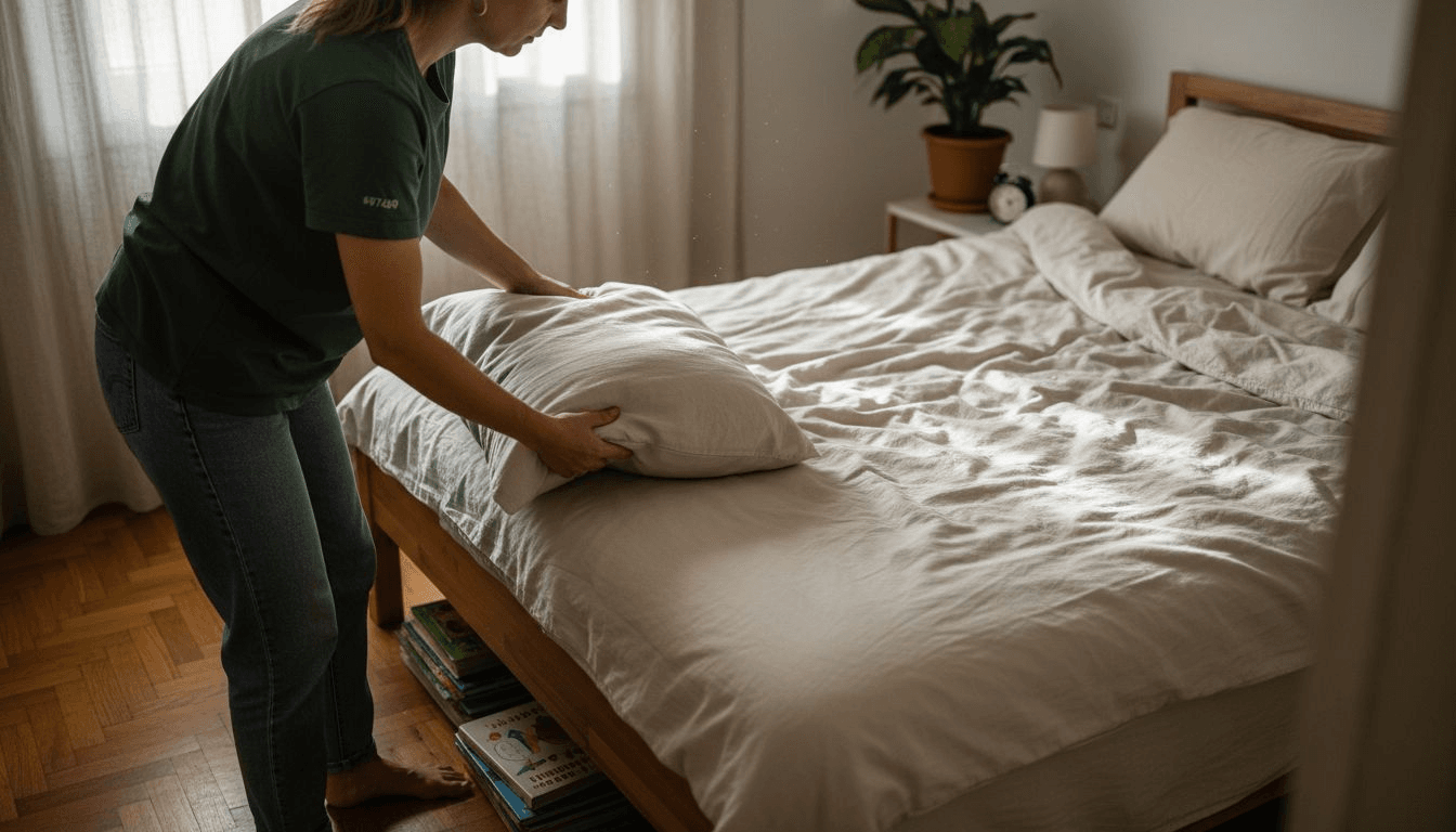Μια γυναίκα τοποθετεί ένα οικολογικό μαξιλάρι σε ένα ζεστό και φιλόξενο υπνοδωμάτιο.