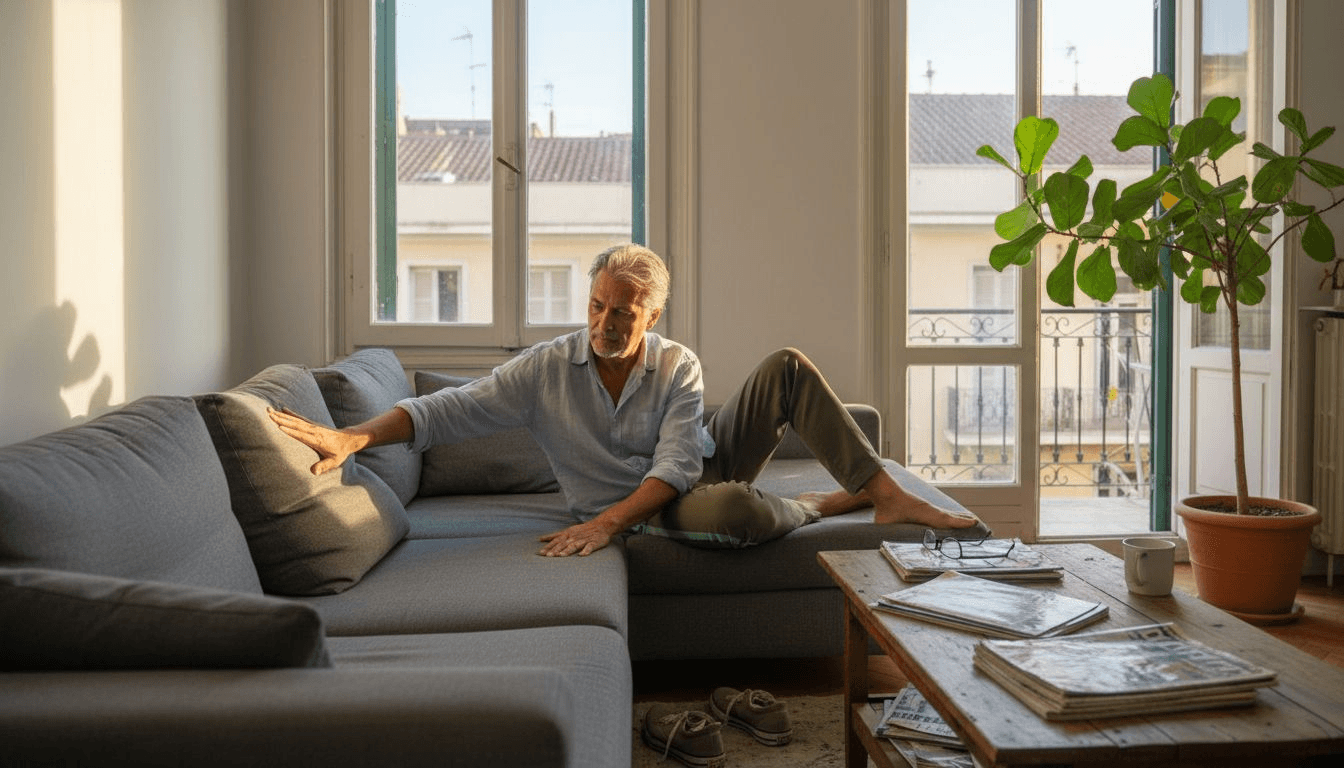 Άνδρας δοκιμάζει πόσο άνετο είναι το μαξιλάρι του καναπέ, πιέζοντάς το για να δει αν του προσφέρει την επιθυμητή αίσθηση χαλάρωσης.