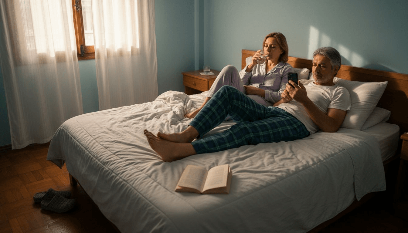 Ένα ζευγάρι απολαμβάνει ξέγνοιαστες στιγμές σε ένα φωτεινό κρεβάτι, με διακριτικές λεπτομέρειες στην εικόνα να χαρίζουν μια αίσθηση ζεστασιάς και χαλάρωσης.