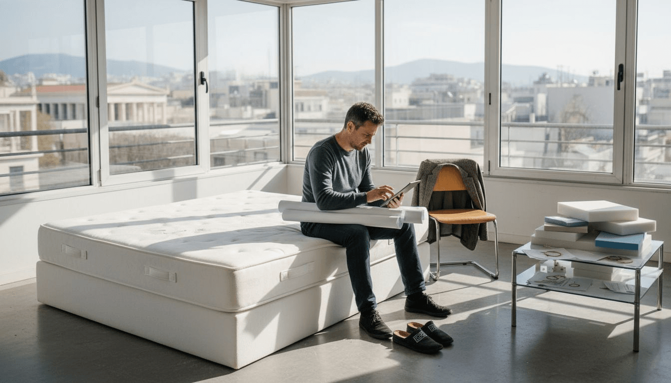 Ένας άνδρας δοκιμάζει και αξιολογεί ένα στρώμα αφρού στο χώρο εργασίας του.