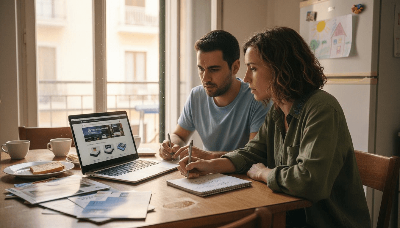 Ένα ζευγάρι κάθεται άνετα στο σπίτι και διαλέγει online το καινούργιο του στρώμα.
