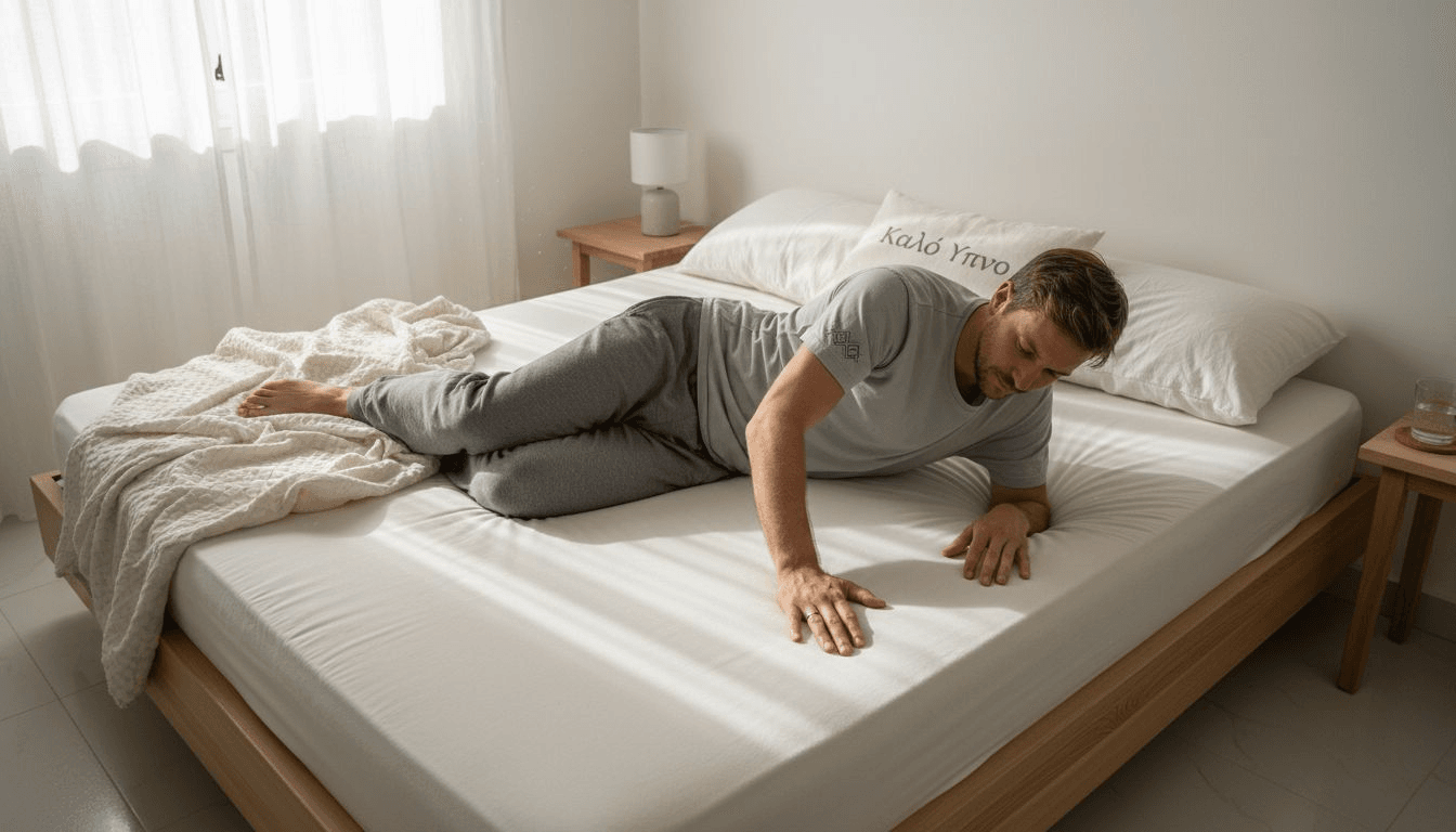 Ένας άνδρας δοκιμάζει το στρώμα του στο υπνοδωμάτιο για να δει αν του προσφέρει άνεση και καλό ύπνο.