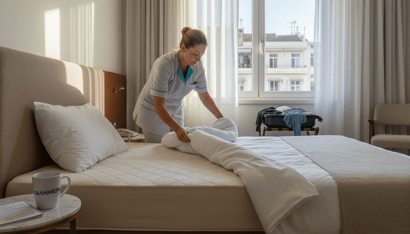 Η καμαριέρα τακτοποιεί το στρώμα από πολυουρεθάνη στο δωμάτιο του ξενοδοχείου, φροντίζοντας να είναι άψογο για τους επόμενους επισκέπτες.