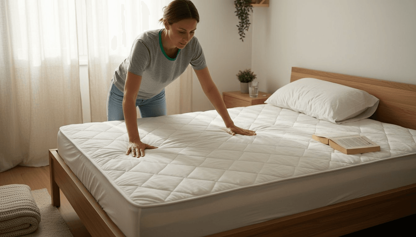Μια γυναίκα στρώνει το κρεβάτι της στο υπνοδωμάτιο, τοποθετώντας προστατευτικό κάλυμμα πάνω στο στρώμα.