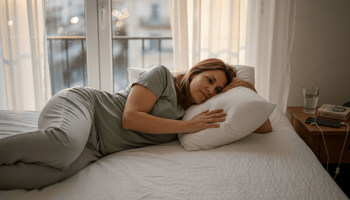 Μια γυναίκα δοκιμάζει ένα καινούργιο μαξιλάρι, απολαμβάνοντας την άνεση της ζεστής της κρεβατοκάμαρας.