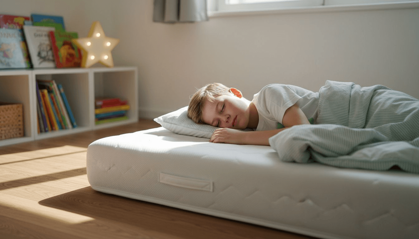 Ένα αγόρι χαλαρώνει άνετα πάνω σε ένα ανατομικό στρώμα.