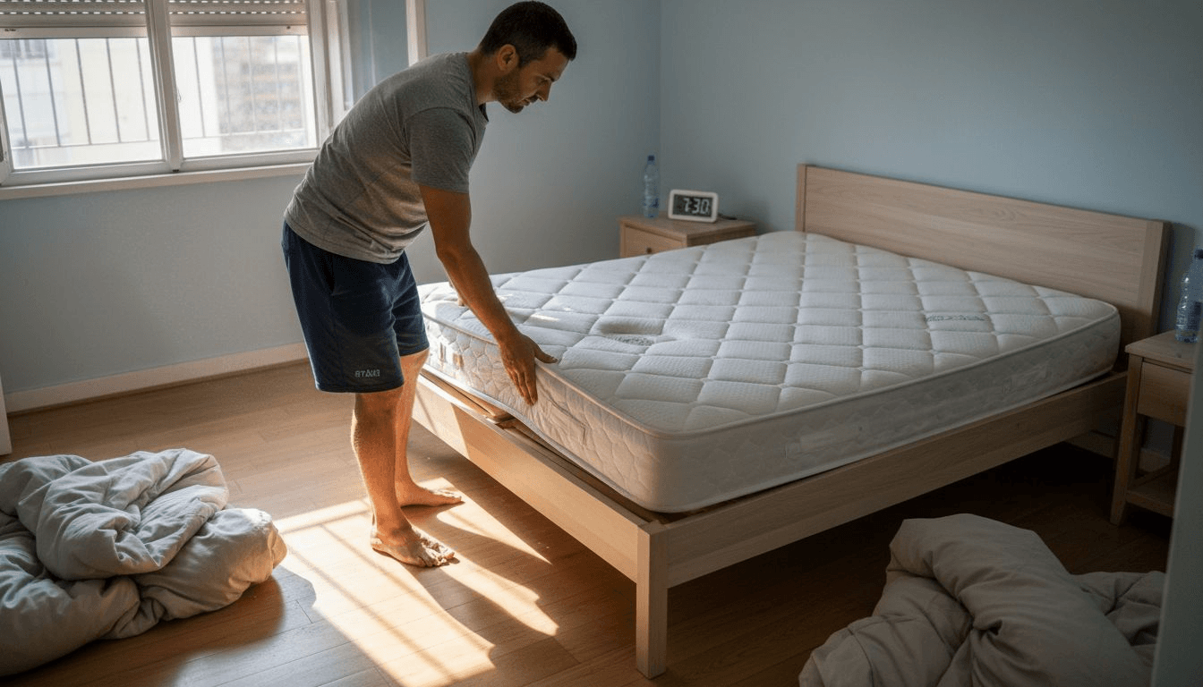 Ένας άνδρας στρώνει το στρώμα πάνω στο κρεβάτι σε ένα φωτεινό υπνοδωμάτιο.