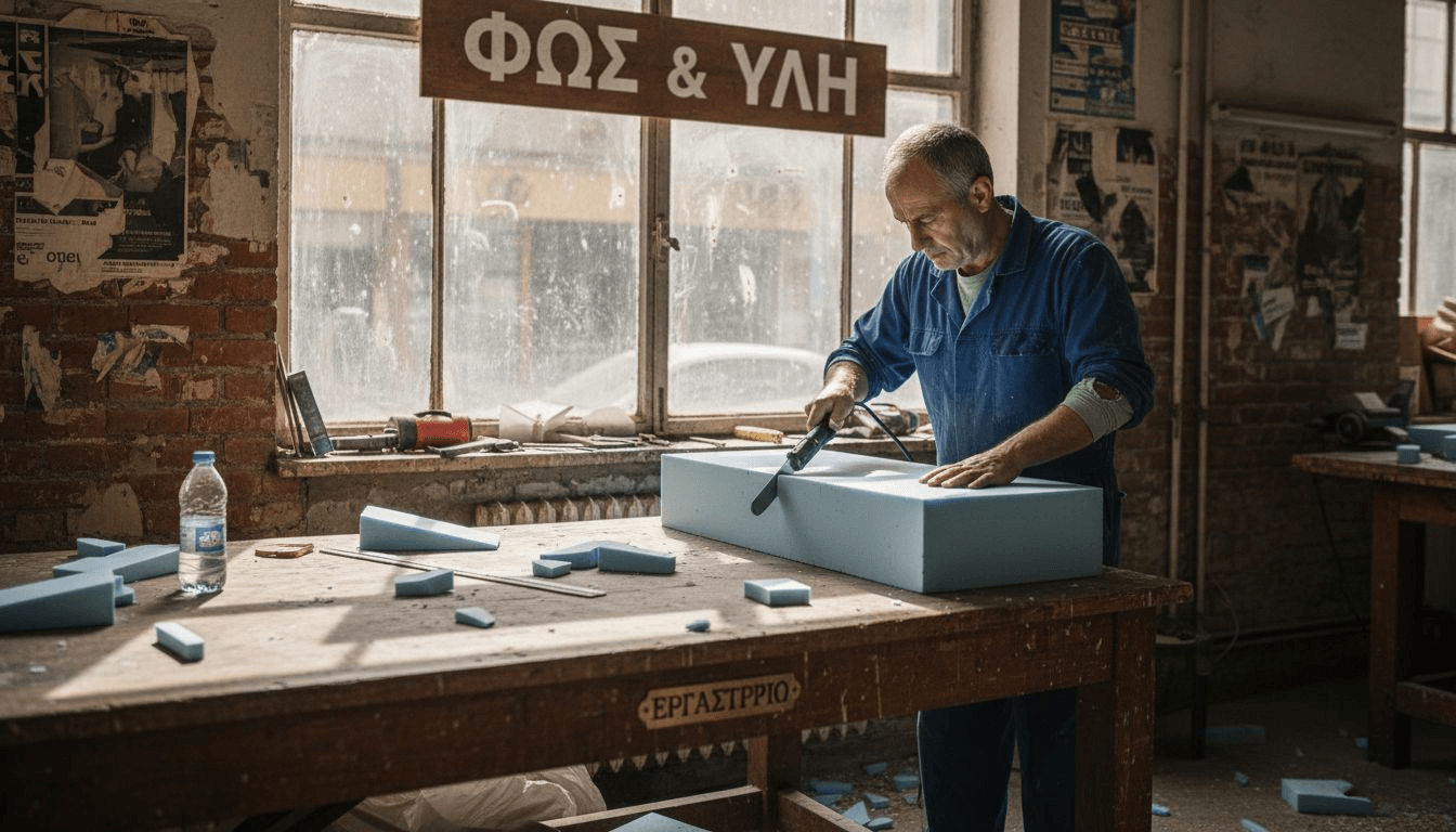 Ένας τεχνίτης δουλεύει με επιδεξιότητα πάνω σε ένα κομμάτι αφρώδους υλικού στο εργαστήριό του, κόβοντάς το με μεγάλη προσοχή για να πετύχει το επιθυμητό αποτέλεσμα.