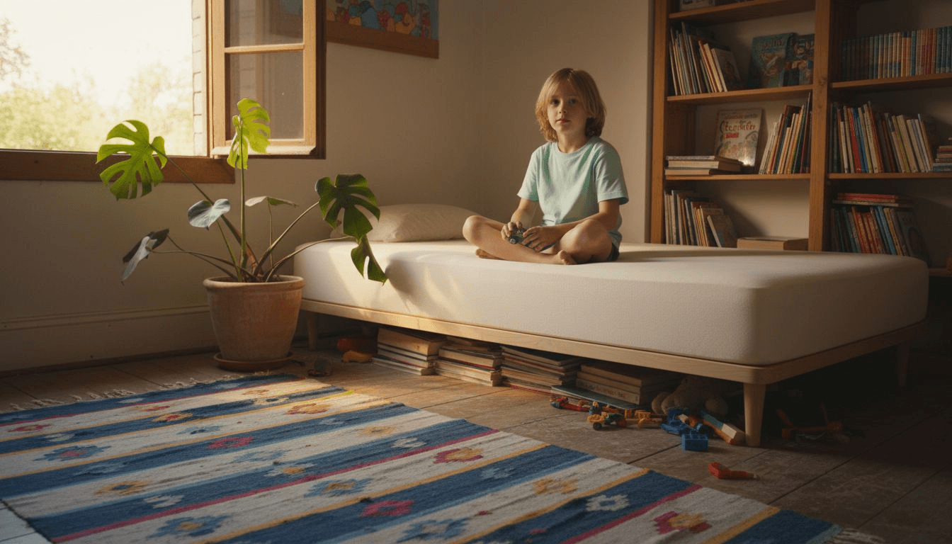 Ένα παιδί απολαμβάνει τον ύπνο του σε ένα οικολογικό δωμάτιο, ξαπλωμένο πάνω σε στρώμα από φυσικό latex.