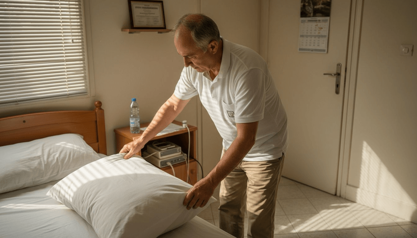 Ο θεραπευτής φροντίζει να τακτοποιήσει το μαξιλάρι στο δωμάτιο αποκατάστασης, για να εξασφαλίσει την άνεση του ασθενή.