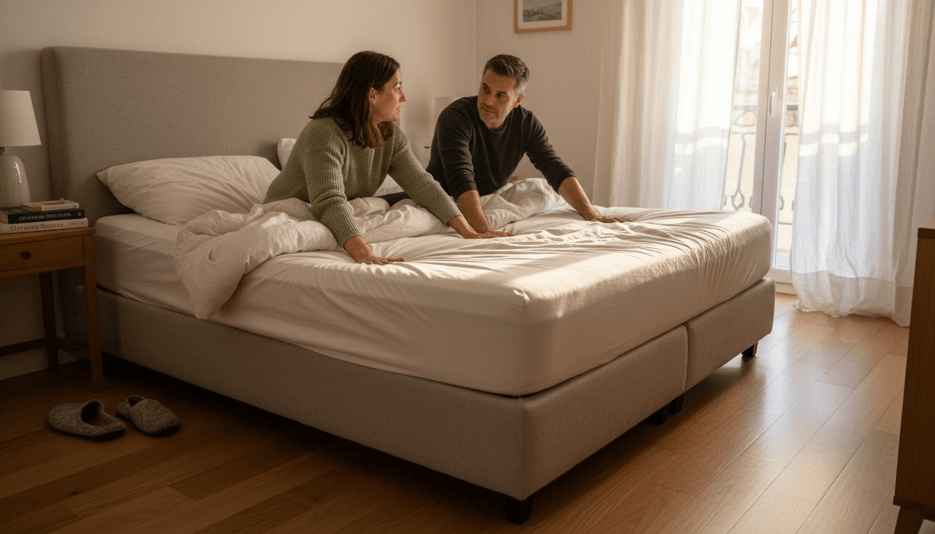 Ένα ζευγάρι δοκιμάζει τη βάση του στρώματος στο υπνοδωμάτιο, για να δει αν προσφέρει την άνεση που θέλουν στον ύπνο τους.