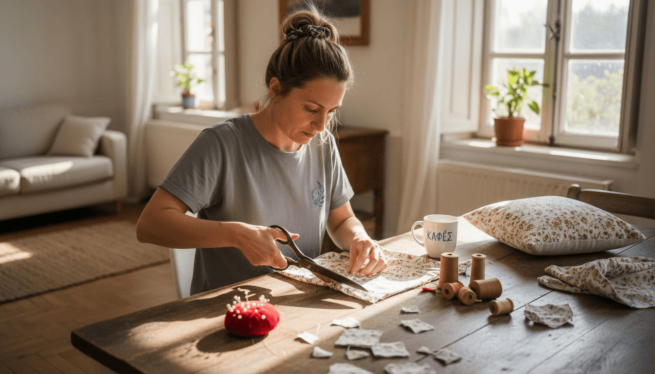 Μια γυναίκα ετοιμάζει υφάσματα για να ράψει διακοσμητικά μαξιλάρια, προσέχοντας τις λεπτομέρειες και επιλέγοντας με φροντίδα τα κατάλληλα χρώματα και σχέδια.