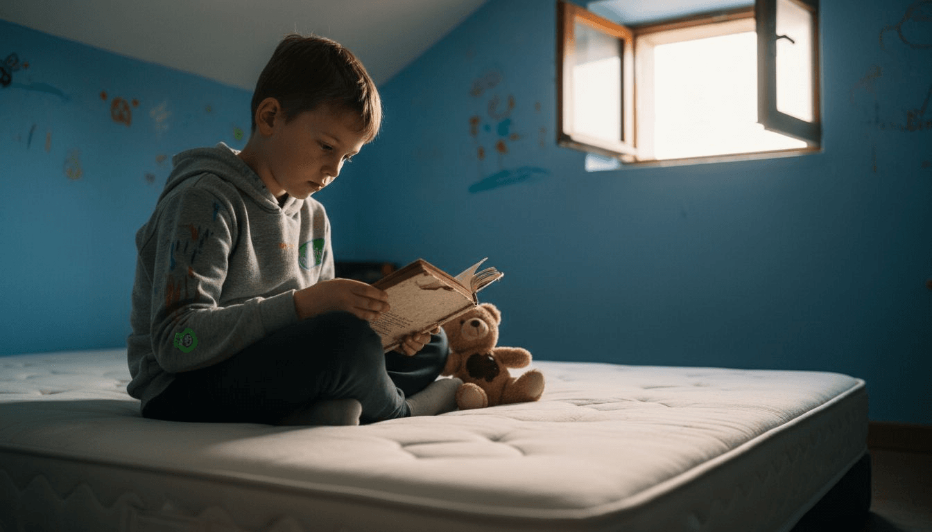 Ένα παιδί κάθεται πάνω σε αφρώδες στρώμα, χωρίς ελατήρια.