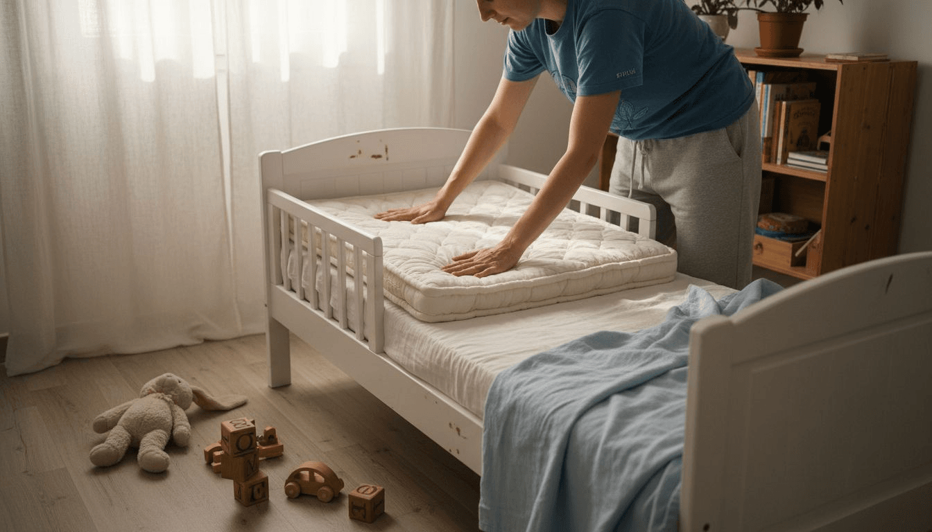 Η μητέρα τακτοποιεί το χειροποίητο στρώμα στο παιδικό δωμάτιο, φροντίζοντας να είναι όλα έτοιμα και άνετα για το παιδί της.