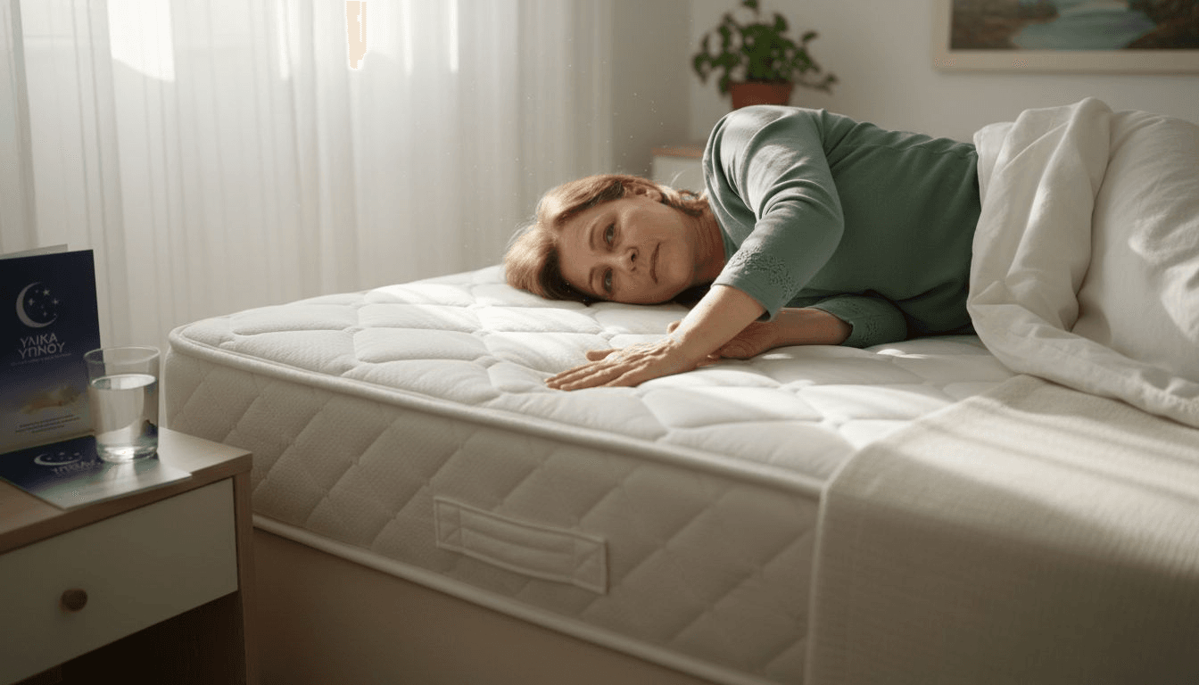 Μια γυναίκα δοκιμάζει την άνεση του στρώματος στο υπνοδωμάτιό της, ξαπλώνοντας για να δει αν της ταιριάζει.