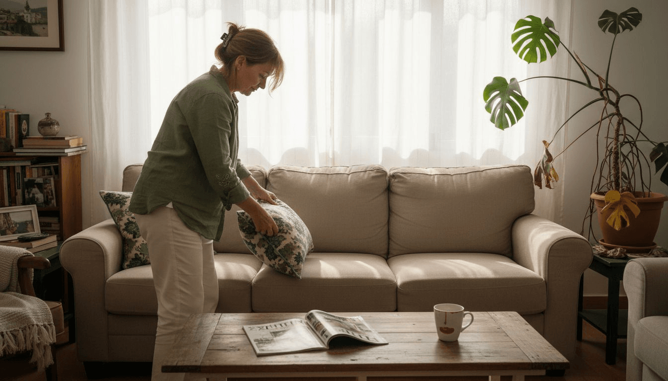 Μια γυναίκα τακτοποιεί πολύχρωμα μαξιλάρια στον φωτεινό της σαλόνι, δίνοντας ζωντάνια και στυλ στον χώρο.