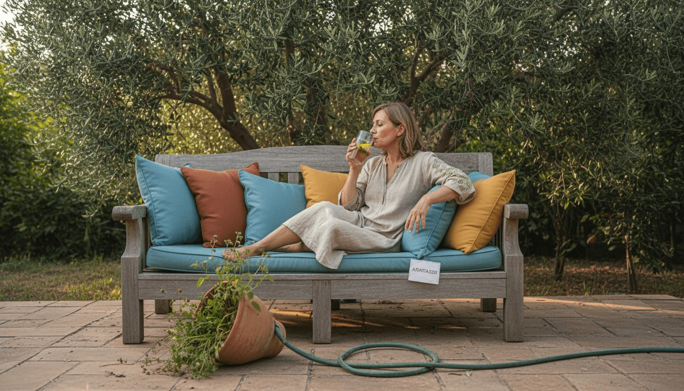 Μια γυναίκα απολαμβάνει στιγμές χαλάρωσης σε έναν αναπαυτικό καναπέ στον κήπο, περιτριγυρισμένη από μαξιλάρια.