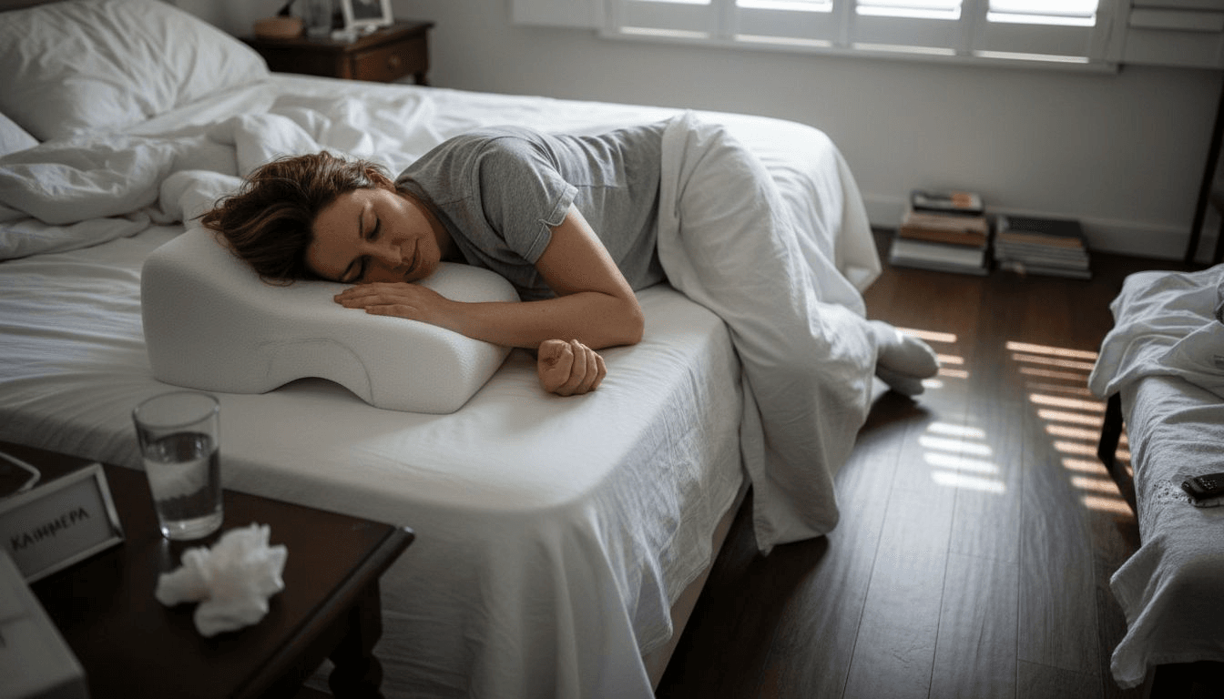 Μια γυναίκα δοκιμάζει ένα εργονομικό μαξιλάρι σε μια ζεστή και άνετη κρεβατοκάμαρα, απολαμβάνοντας την αίσθηση χαλάρωσης που προσφέρει.