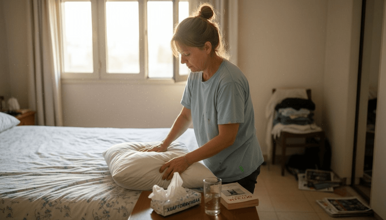Μια γυναίκα φροντίζει το μαξιλάρι της στο υπνοδωμάτιο, καθαρίζοντάς το σχολαστικά για να διατηρήσει τον χώρο της καθαρό και υγιεινό.
